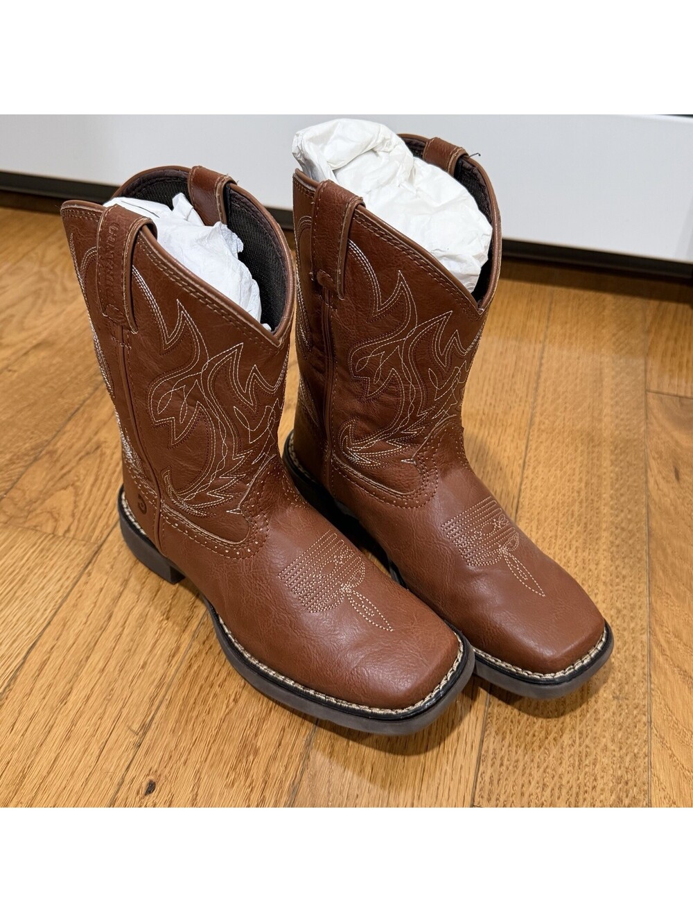 Kids Size 8 Durango Western Boots Leather Square Toe Pull-On Brown/Red W US 2